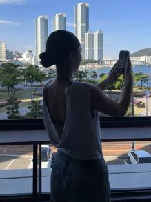 DAZY Parte superior con corte halter y decoración de cadena con rhinestones sin espalda para mujer - Gris - Ver 4