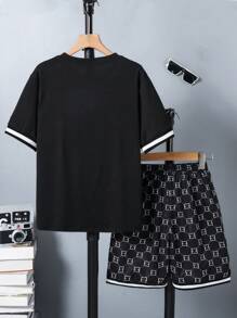 SHEIN 1 Set Tween Boy Black T-Shirt & Shorts 2 Pieces Outfit - Black - View 6