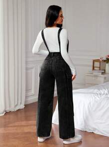 SHEIN ICON 女士牛仔背带裤和连体裤，简约时尚休闲日常穿着 - 黑色 - 查看 2
