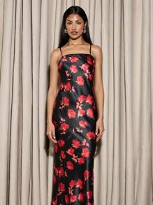 AiiRZ Elegant Floral Evening Maxi Dress Satin Black Red Rose Print Straight Neck Special Occasion Wedding Guest Formal Prom Party Gown