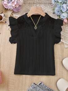 Áo sơ mi ren vá viền bèo nhún màu trơn đơn giản cho bé gái tuổi teen - màu đen - Xem 4