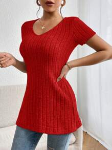 SHEIN Essnce Women's Casual Solid Color Side Slit Short Sleeve T-Shirt