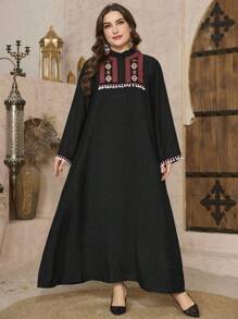 Al Najma Đầm midi tay dài thêu hoa thường ngày cỡ lớn cho nữ, dáng rộng, dáng rộng, mùa xuân và mùa thu - màu đen - Xem 4