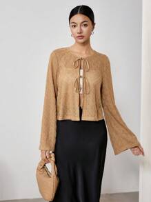 EastFlair 女士前系带休闲衬衫，简约时尚日常穿着，春夏 - 卡其色 - 查看 1