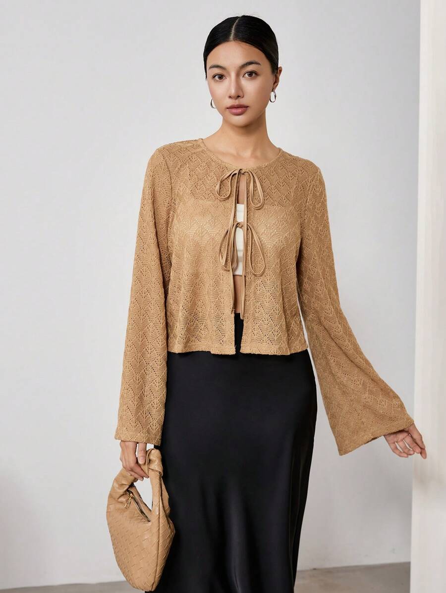 EastFlair 女士前系带休闲衬衫，简约时尚日常穿着，春夏 - 卡其色 - 查看 1