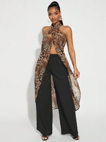 SHEIN SXY 2 pièces/Set Tenue bohème sexy dos nu : Top en mousseline de soie imprimé léopard ultra-long + Pantalon large en lin noir, convient pour les sorties décontractées et les trajets de bureau, printemps/été