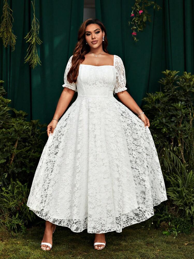 SHEIN Belle Vestido blanco de encaje con mangas cortas para boda/fiesta en tallas grandes para mujer - Blanco - Añade 6