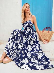 Vivid Eden 女士度假花卉印花修身长裙，细肩带 - 藍色 - 查看 1