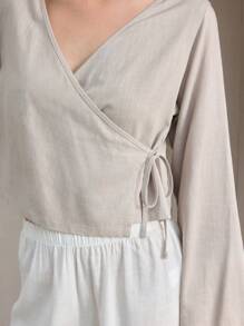 Ocili Leisure Comfortable Linen Overlap Collar Tie-Up Blouse, Women Casual Homewear Top - Pink - View 4