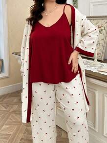 CottageSlumber Conjunto de camisola y bata de dormir de talla grande con bloque de color e impresión de cerezas, perfecto para vacaciones