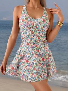 LanaWest 2Pcs/Set Ditsy Floral Ruched Waist Vacation Beach Dress With Shorts Swimwear Set For Summer - Multicolor - View 2