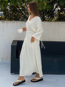 DAZY Knitted Casual Twist Design Loose Long Dress Loungewear Pajama - Beige - View 7