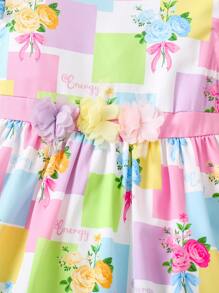 Vestido con estampado floral, cuello redondo y manga corta para niñas jóvenes y lindas