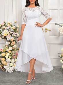 SHEIN Lady Vestido Branco de Renda com Recorte de Renda, Vestido Elegante para Festa de Casamento para Mulheres - Branco - Visão 5