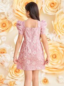 SHEIN Vestido de fiesta elegante para niña preadolescente, manga gigot, ajustado, cuello cuadrado, vestido de satén con tejido jacquard floral, color rosa, adecuado para fiesta de San Valentín - Rosa - Ver 2