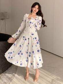 DAZY Mid-Length Ditsy Floral Vacation Dress With Puff Sleeves For Women, Spring/Fall,Ruffle Long Sleeve Dress Easter - Blue - View 1