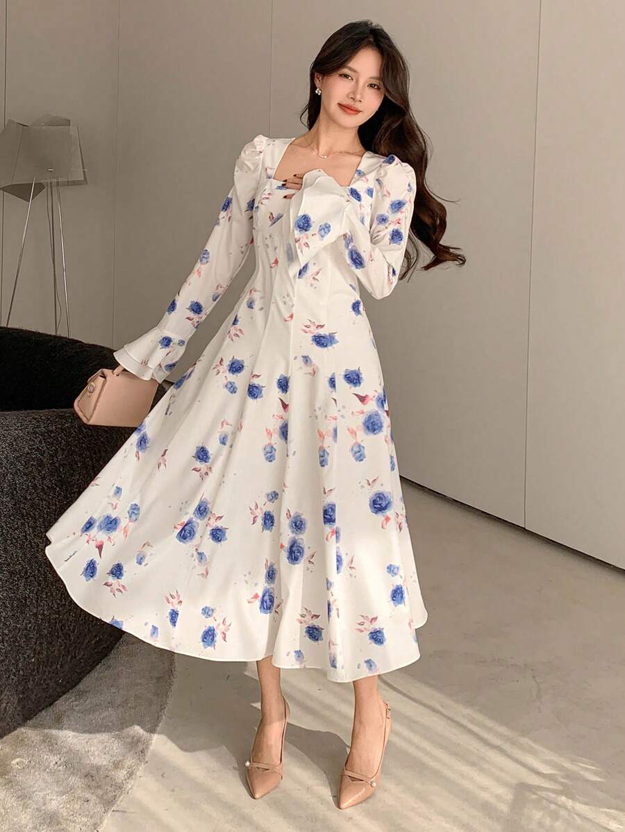 DAZY Mid-Length Ditsy Floral Vacation Dress With Puff Sleeves For Women, Spring/Fall,Ruffle Long Sleeve Dress Easter - Blue - View 1