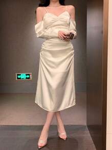 DAZY Đầm dài trễ vai màu trơn cho nữ Đầm dạ hội thanh lịch, Đầm cưới, Đầm thu Đầm dài tay - Màu be - Xem 9