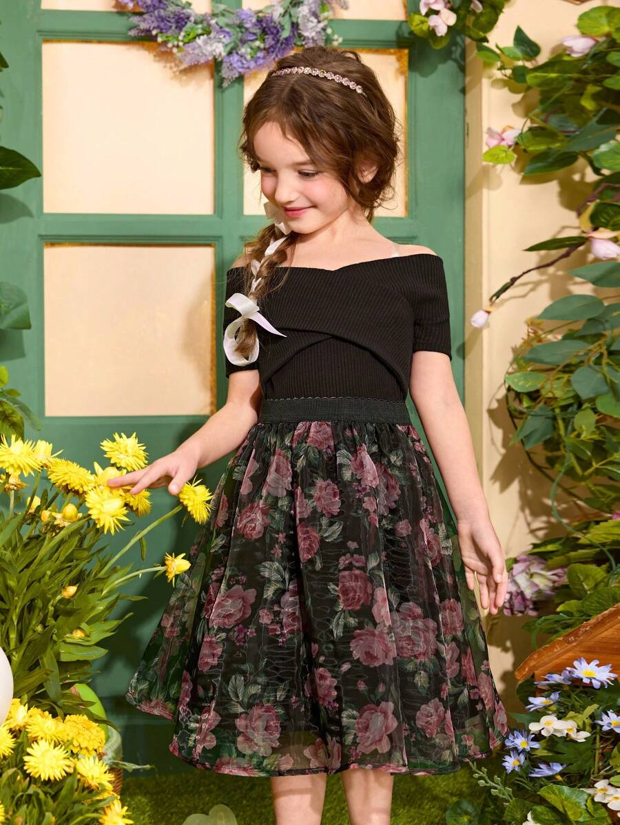 Young Girls 2pcs Knitted Solid Color Off Shoulder Top And Woven Ditsy Floral Skirt Set, Young Girl
