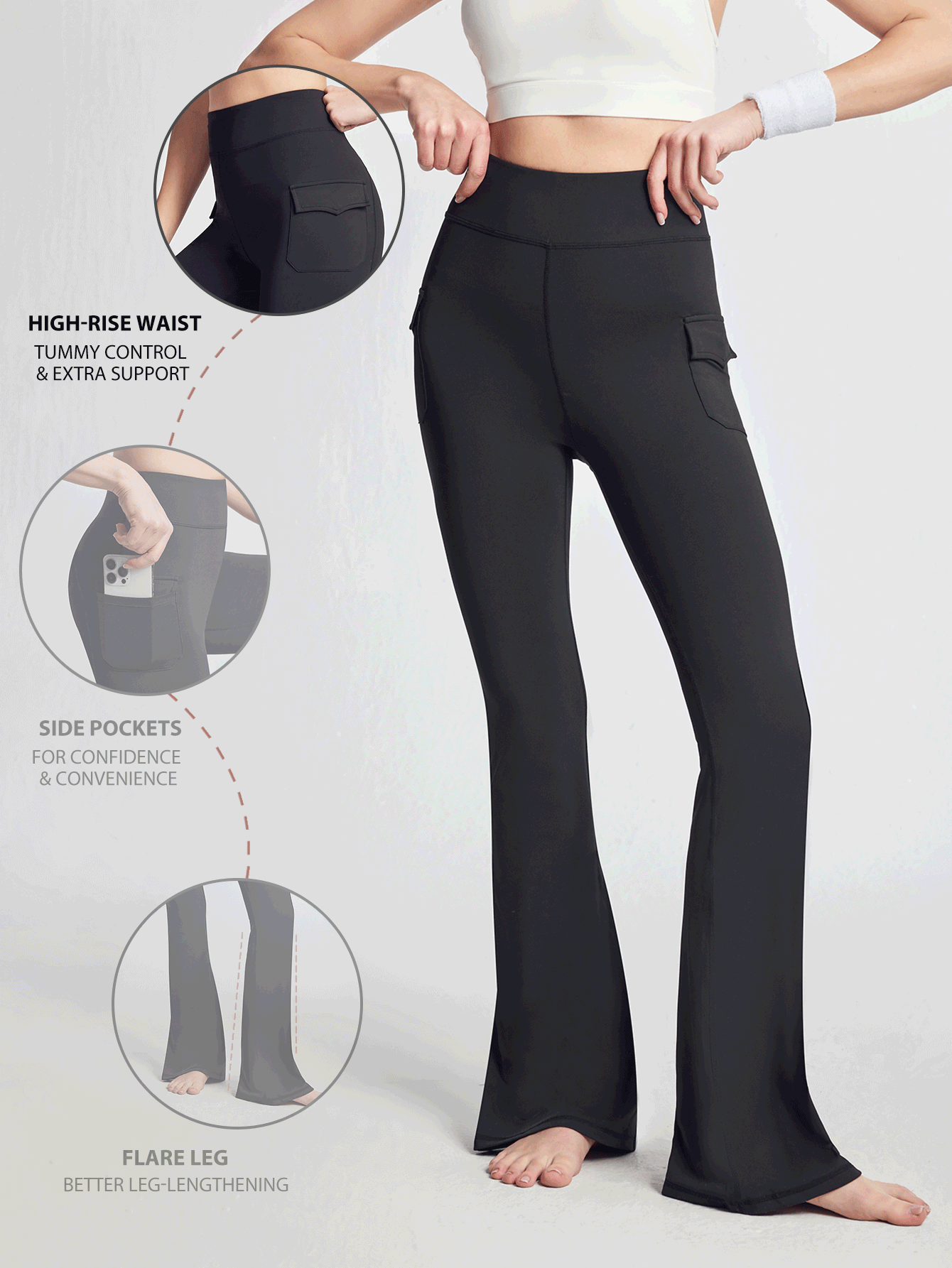 SHEIN Sports 女士纯色高腰修身喇叭运动裤 - 黑色 - 查看 2