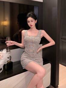 DAZY Plaid Sleeveless Midi Dress For Wedding Party Prom Dress Elegant Vacation - Black - View 4