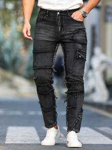 Manfinity Homme Men's Front Button Pocket Frayed Hem Casual Jeans - Black - View 6