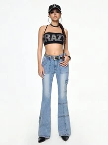 ROMWE Jeans de mezclilla sencillos con bolsillo delantero con botones para mujer, uso casual de todos los días