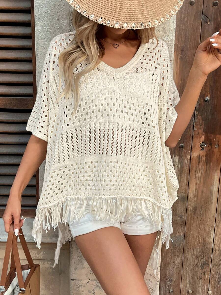 Breezaya Loose V-Neck Batwing Sleeve Openwork Tassel Hem Apricot Knitted Top For Women, Vacation Style, Spring/Autumn - Apricot - View 1