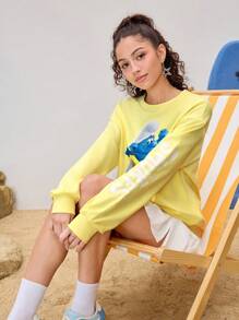 SHEIN X The Smurfs Felpa da donna casual con grafica a fumetti, scollo tondo e spalle scoperte - Giallo - Visualizzare 4