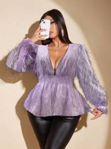 Viva Relle Blusa de moda de manga larga con volantes en el dobladillo, cuello en V profundo, decoración con flecos en la cintura y diseño de parches para mujer de talla grande, Top de Peplum para Acción de Gracias