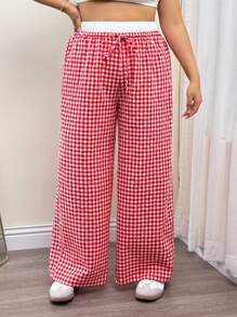 SHEIN ICON Plus Size Red & White Plaid Double Waistband Casual Straight Leg Pants, Spring/Summer - Red and White - View 1