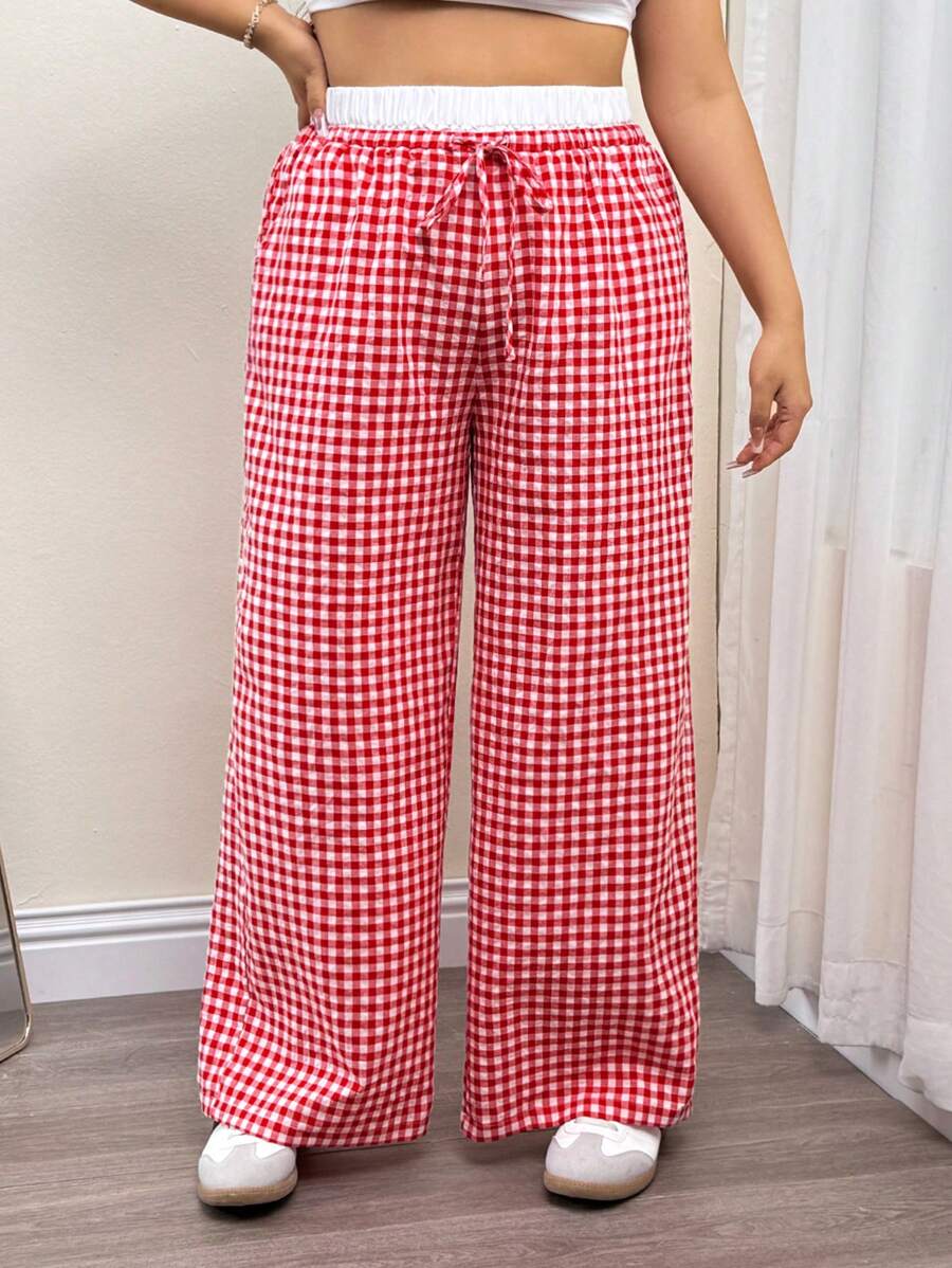 SHEIN ICON Plus Size Red & White Plaid Double Waistband Casual Straight Leg Pants, Spring/Summer - Red and White - View 1