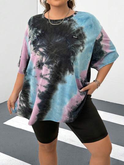 SHEIN CURVE+ Plus Tie Dye Letter Patched Drop Shoulder Summer Tee