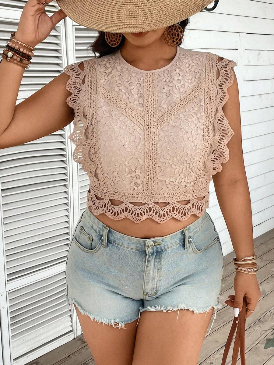 SHEIN VCAY Plus Size Lace Trim Cropped Vacation Blouse - Apricot - View 1