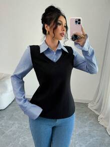 Elenzga Women Casual Color Block Striped Long Sleeve Regular Blouse, Autumn - Blue - View 5