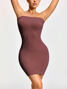 SHAPORA Women Solid Color Tube Top Minimalistic Fitted Short Body-Shaping Dress - Mocha Brown - View 1