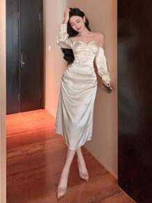 DAZY Đầm dài trễ vai màu trơn cho nữ Đầm dạ hội thanh lịch, Đầm cưới, Đầm thu Đầm dài tay - Màu be - Xem 4