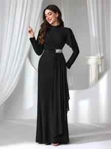 Coutiva Formal Evening Gown For Women, Fashionable High-Necked Spring And Summer Different-Material Splicing Waist Slimming Black Dress, Suitable For Parties, Wedding Guests, Opening Ceremonies, And Coming-Of-Age Ceremonies. The Waist Sequin Splicing Design Makes You Look Slimmer Visually. The Chiffon Fabric Splicing Design On The Upper Body Is Fashionable, Unique And Elegant, Party Dress