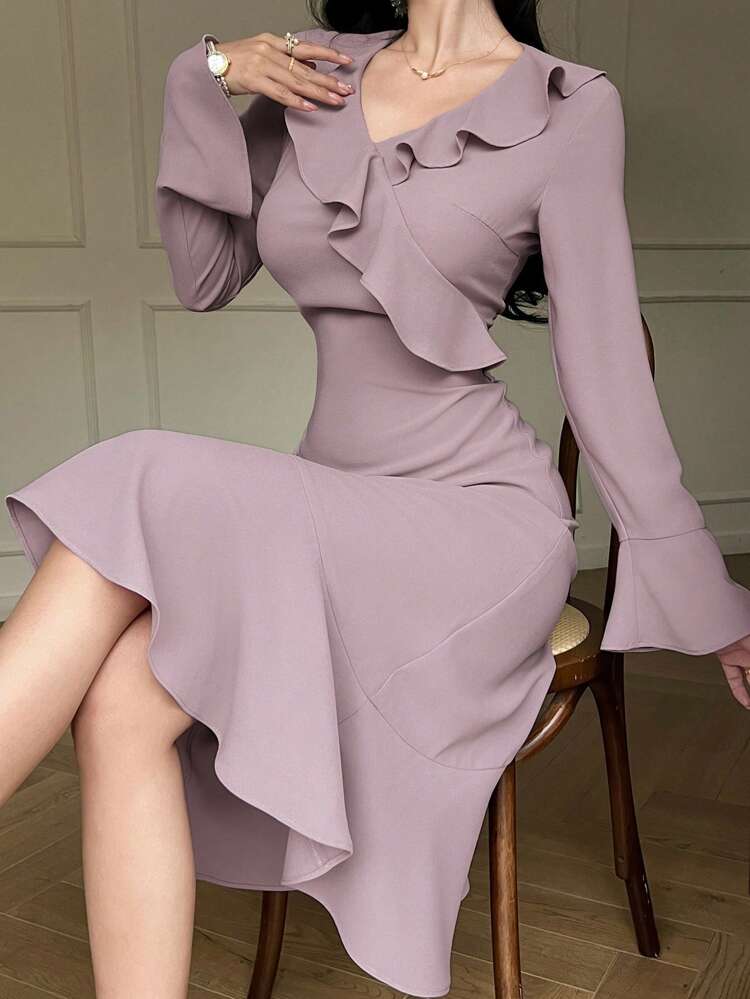 Solid Color V-Neck Ruffle Hem Mermaid Midi Dress For Women,Fall Dress Long Sleeve Dress