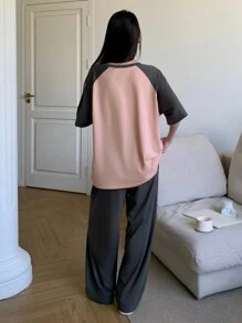 DAZY 2pcs Set Women Letter Print Raglan Sleeve Short Sleeve Loose Fitting Sleepwear/Loungewear Pajama - Pink - View 2