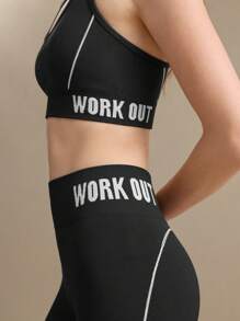 Eassivo Eassivo Letter Print Seamless Tank Top And Leggings Sports Outfit - Black and White - View 3