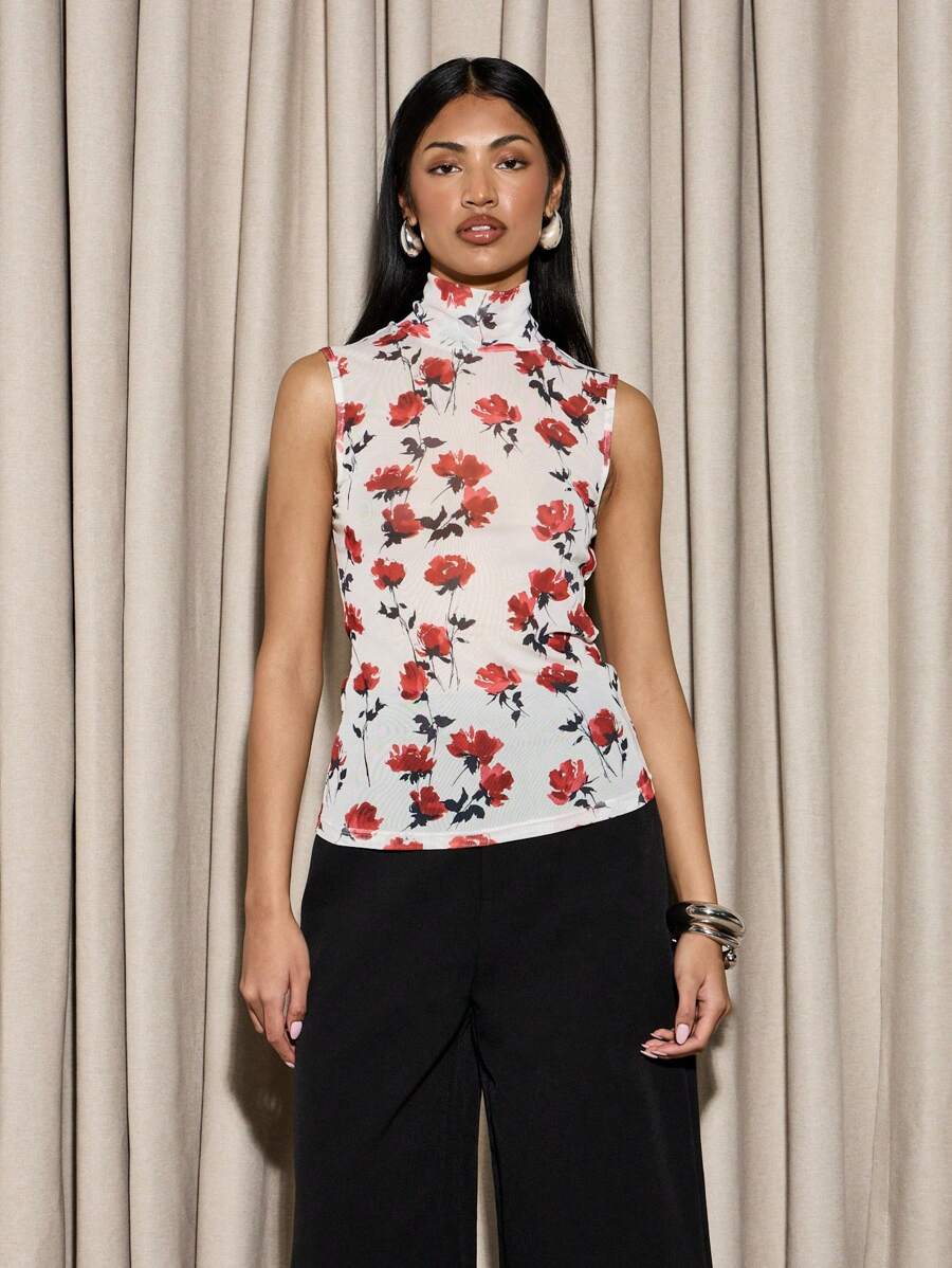 AiiRZ High Neck Sleeveless Floral Sheer Top Valentines - Multicolor - View 1