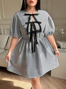 Váy mini tay bồng dễ thương họa tiết kẻ caro đen trắng cỡ lớn dành cho nữ, trang phục xuân hè - Đen và trắng - Xem 3