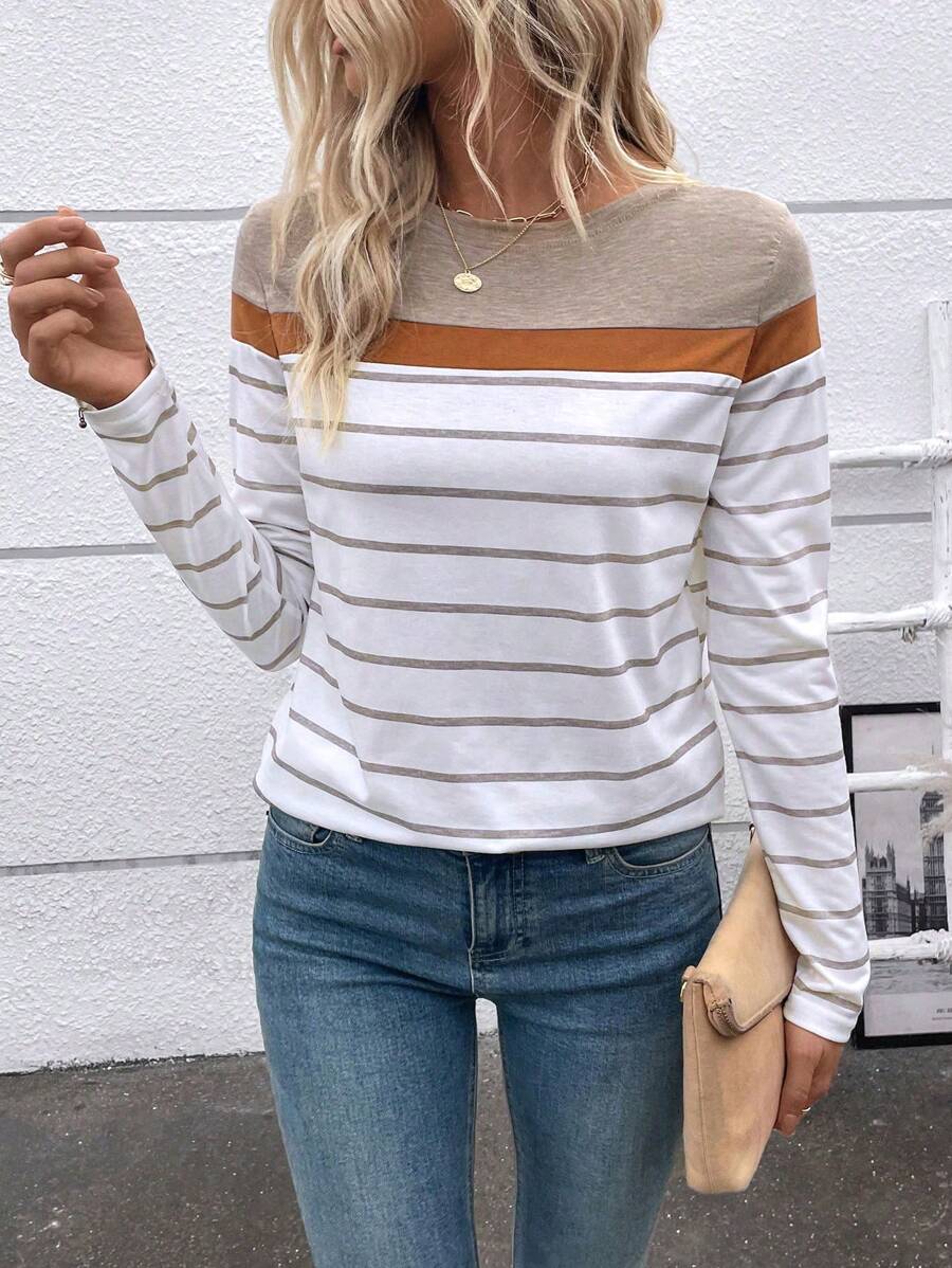 Elyressa Áo thun dài tay kẻ sọc cổ tròn cho nữ, giản dị và thời trang để mặc hàng ngày - Màu Khaki - Xem 1