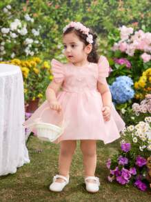 SHEIN Baby Girl Summer Cute & Elegant Mesh Cap Sleeve Dress - Pink - View 4