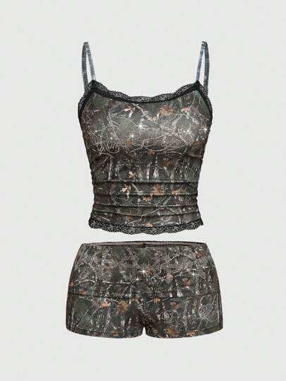 2 Stücke Set für Damen, Avantgarde-Y2K-Streetstyle, Samt, Camouflage-Print, Strass-verziertes Camisole und Shorts mit niedriger Taille