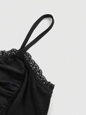 ROMWE Goth Cross Pendant Lace Patchwork Ruched Snug Fit Women Tank Top