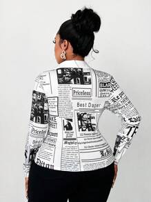 Maweii 大码女式秋季口号印花长袖单排扣休闲衬衫 - 黑與白 - 查看 6