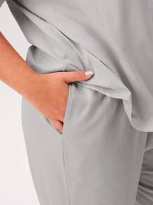 LUVLETTE Women's Plus-Size Grey Soft 100% Pure Cotton Basic Button-Up Top & Pants Loungewear Pajama Set Pants With Pockets Lounge Sets For Women,Spring And Summer - Light Grey - View 3