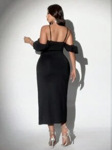 Viva Relle 大码女式针织开肩性感连衣裙 - 黑色 - 查看 3